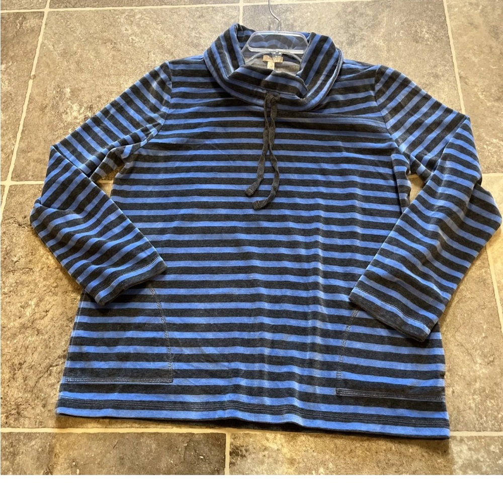 Talbots Striped Blue and gray Pullover size medium pockets & drawstring